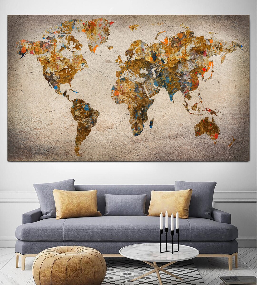 Vintage Style World Map Canvas Wall Art Custom World Map Adventure Map