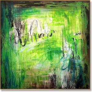 Green Abstract Painting Wall Art Modern Textured Canvas Bold Brushstrokes Contemporary Expressionist Decor for Living Room or Office 40&quot;x40&quot;