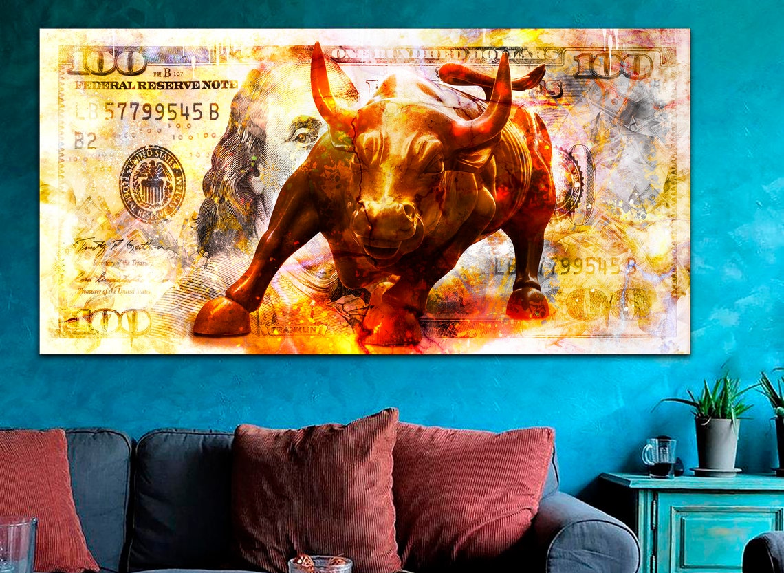 Charging Bull Canvas Wall Art Fiery Style Art 100 Dollar BIll Etsy