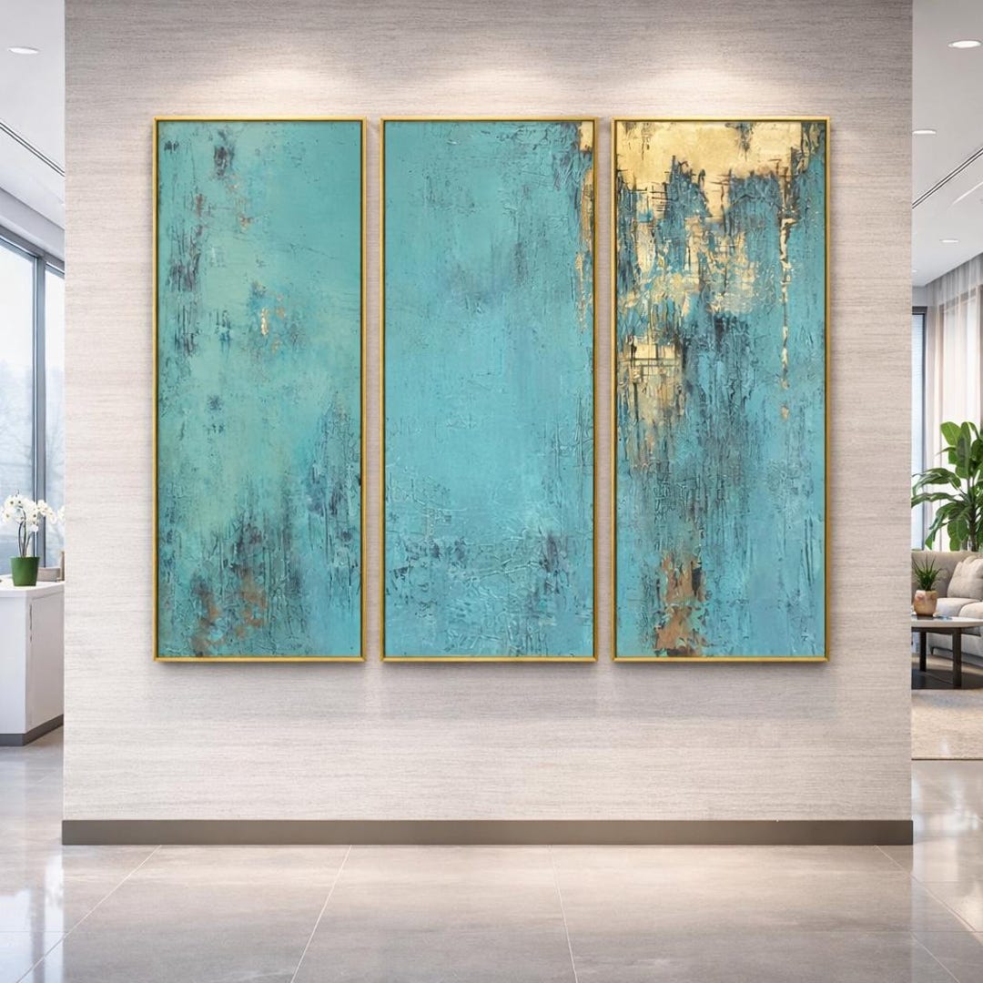 Large Teal and Gold Abstract Wall Art Triptych Set – Modern Oversized ...