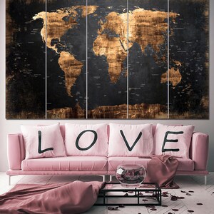 Black Vintage Style World Map Print on Canvas Gold World Map Wall Art World Map Home Decor World Map Decor Continent Decor Atlas Canvas Art image 3