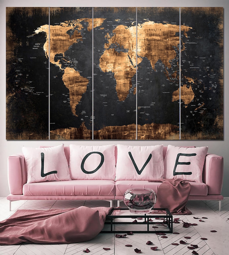 Black Vintage Style World Map Print on Canvas Gold World Map Wall Art World Map Home Decor World Map Decor Continent Decor Atlas Canvas Art image 3