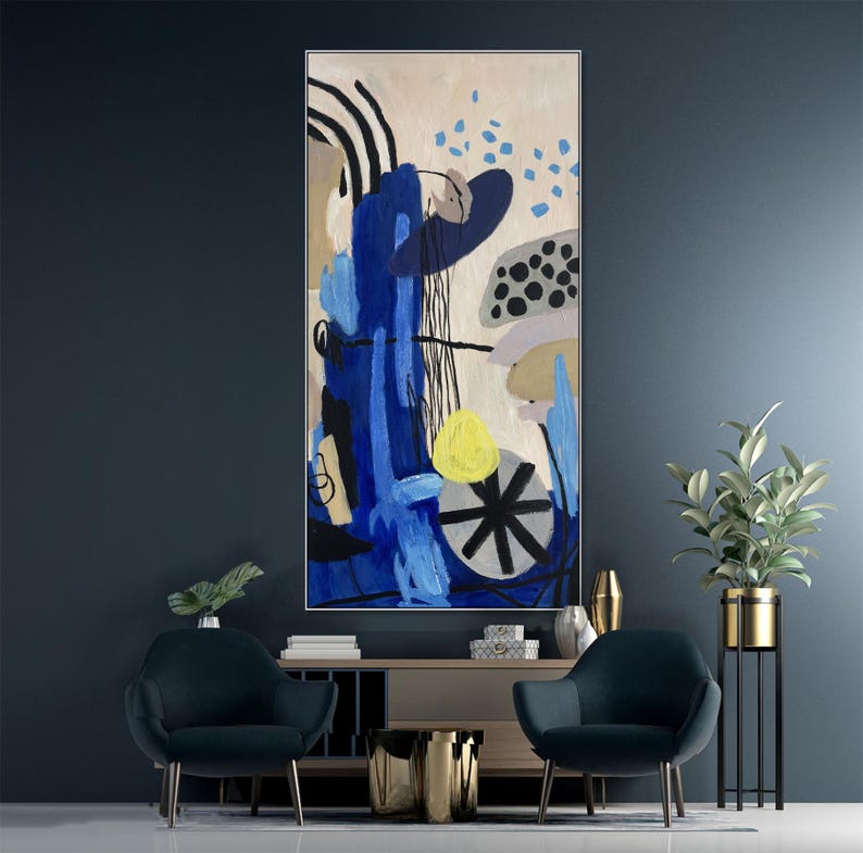 Large Blue and Yellow Abstract Painting Modern Geometric Canvas Art ...
