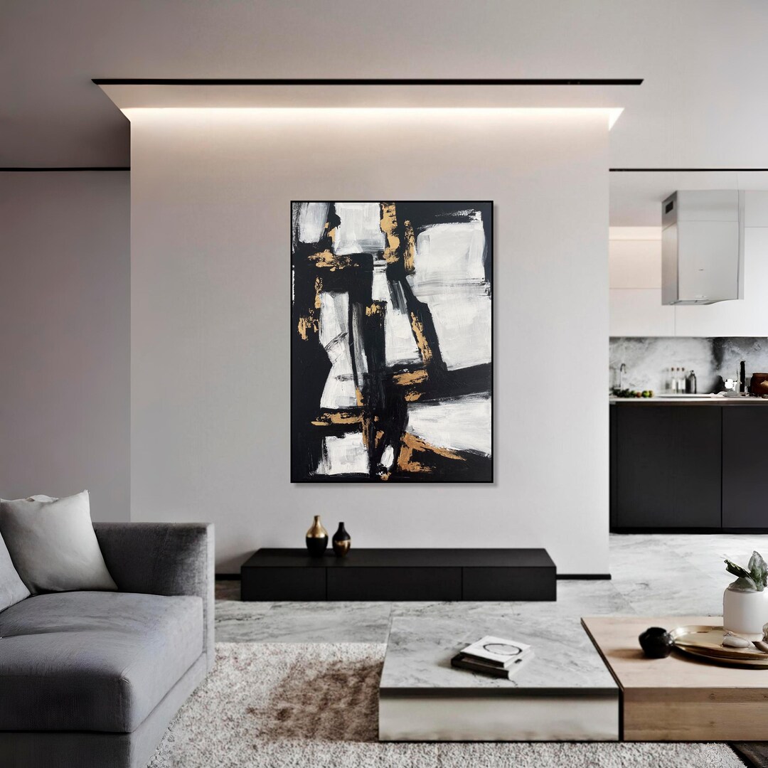 Black and White Abstract Painting Gold Wall Art Minimalist Modern ...