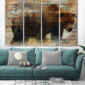 Bear Canvas Wall Art Wild Animal Multi Panel Print Grizzly Bear Wall Print Wild Nature Modern Decor Wood Style Print for Living Room Decor image 3