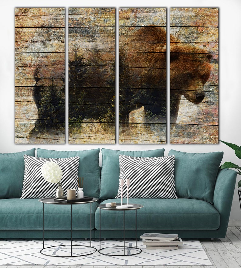 Bear Canvas Wall Art Wild Animal Multi Panel Print Grizzly Bear Wall Print Wild Nature Modern Decor Wood Style Print for Living Room Decor image 3