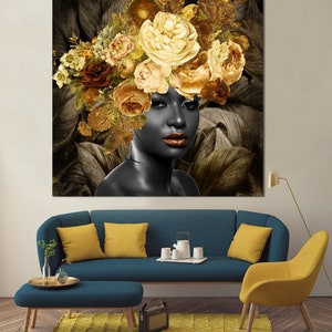 Floral Head Woman Print On Canvas Modern Head of Flowers Print Woman with Flowers Modern Black Woman Strong Decor Black Girl Magic Poster image 2