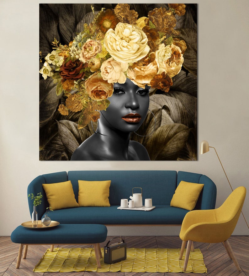 Floral Head Woman Print On Canvas Modern Head of Flowers Print Woman with Flowers Modern Black Woman Strong Decor Black Girl Magic Poster image 2