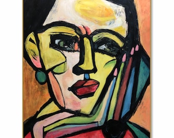 Vibrant Cubist Woman Portrait Painting – Bold Abstract Expressionist Art