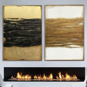 Large Abstract Set Of 2 Painting On Canvas In Gold, Black And White Colors Modern Diptych Painting Textured Painting Decor Framed Wall Art