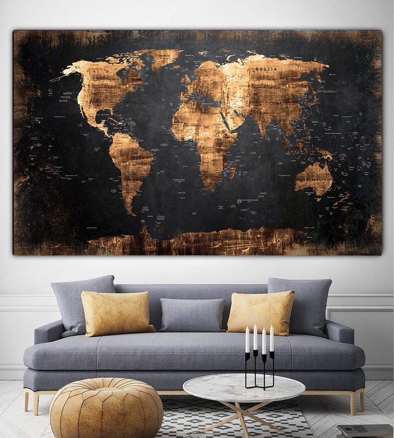 Black Vintage Style World Map Print on Canvas Gold World Map Wall Art World Map Home Decor World Map Decor Continent Decor Atlas Canvas Art image 1