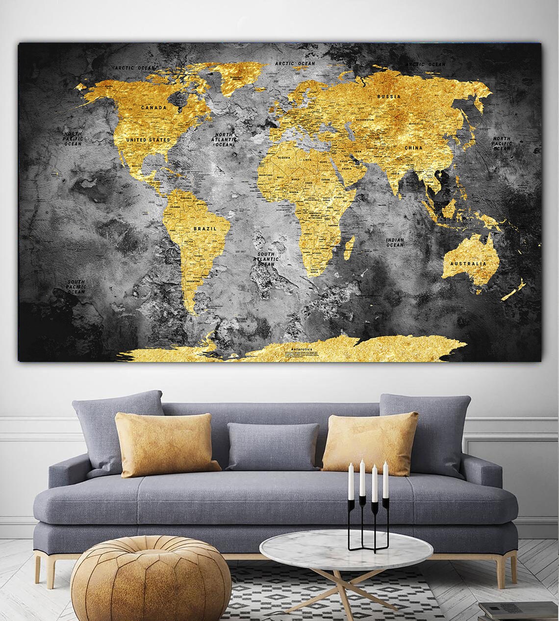 Gold World Map Print on Canvas Vintage Style World Map Wall Etsy