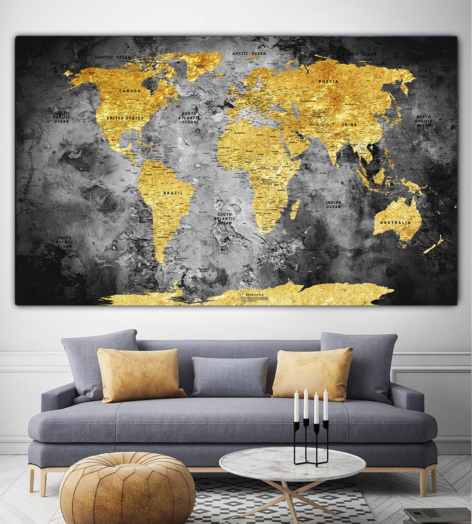 Gold World Map Print on Canvas Vintage Style World Map Wall | Etsy