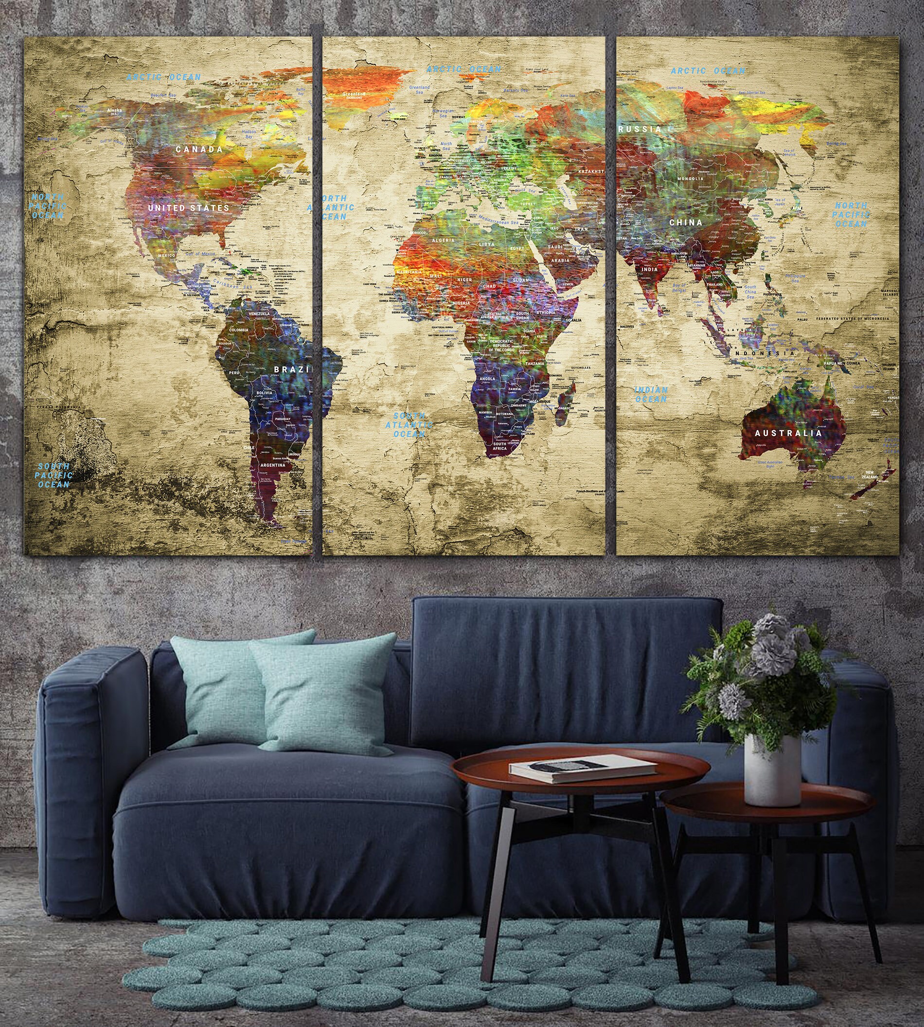 Extra Large Wall Art World Map Watercolor Canvas Print Beige Etsy UK