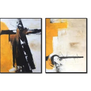 Abstract Diptych Painting Black and Yellow Wall Art Modern Geometric Canvas Set Of 2 Minimalist Artwork Textured Living Room Wall Decor