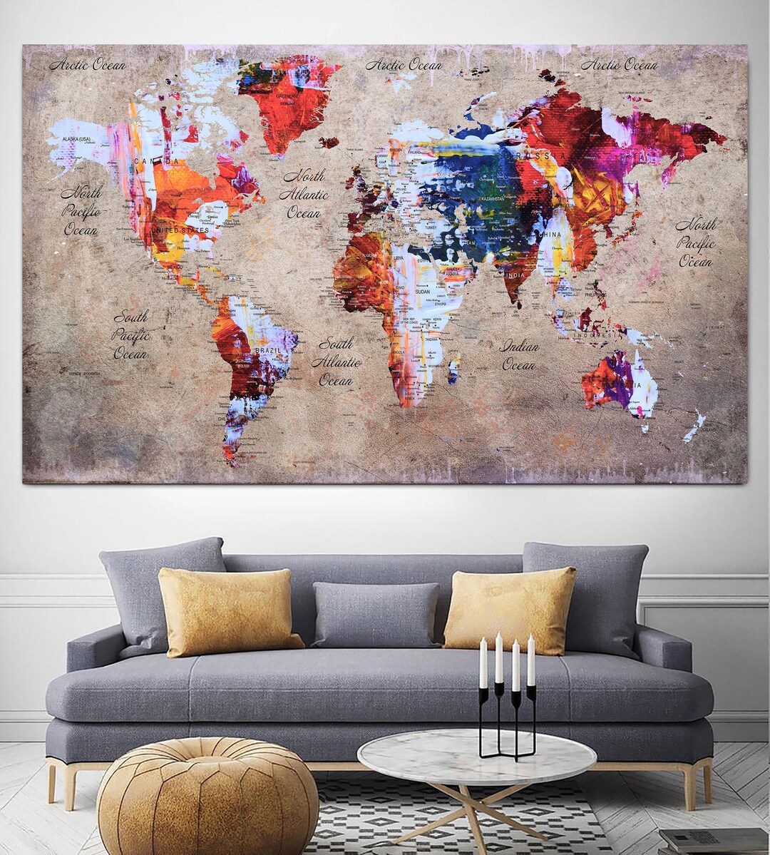 Colorful World Map Print on Canvas Geography Poster Cartography Art ...