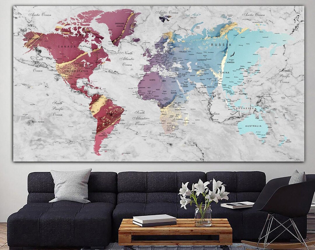 Large Abstract Colorful Map Canvas Wall Art Colorful World Map Moder ...