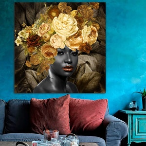 Floral Head Woman Print On Canvas Modern Head of Flowers Print Woman with Flowers Modern Black Woman Strong Decor Black Girl Magic Poster image 3