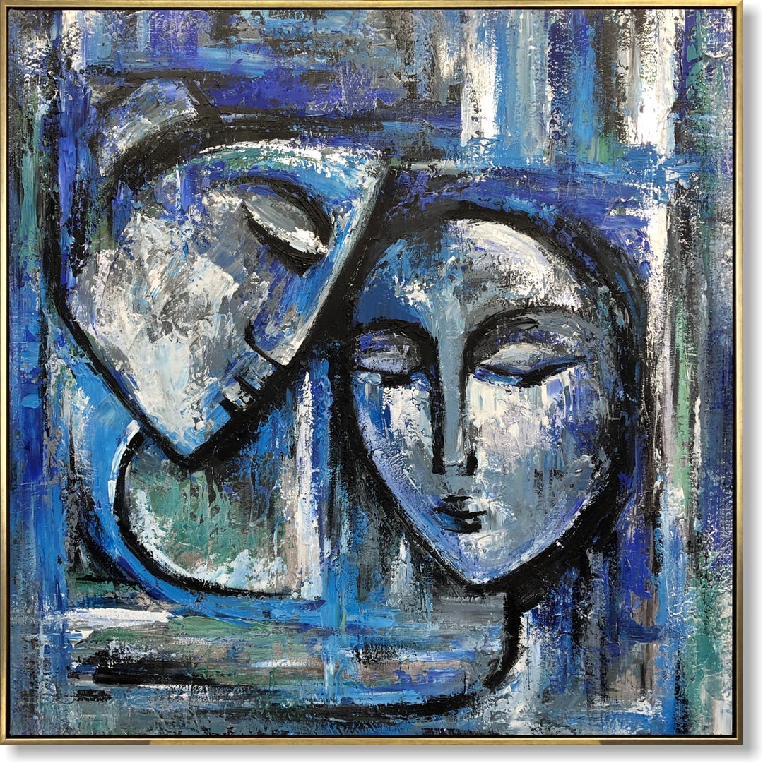 Pintura Figurativa Abstracta De Amor Arte De Pared Pintura Azul