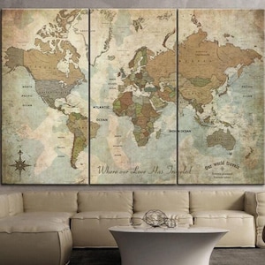 Retro wereldkaart canvas muurkunst print met meerdere panelen avonturenkaart van de wereld moderne reiziger cadeau wereldkaart voor woonkamer muurdecor