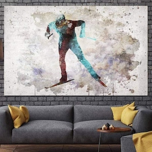 Cartaz de esqui abstrato Arte de parede de esportes de inverno Impressão em aquarela de esquiador Decoração de esqui nórdico para casa e escritório Cartaz de esportes de neve Impressão abstrata
