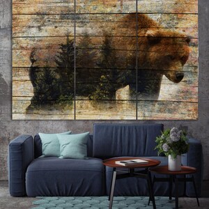 Bear Canvas Wall Art Wild Animal Multi Panel Print Grizzly Bear Wall Print Wild Nature Modern Decor Wood Style Print for Living Room Decor image 2