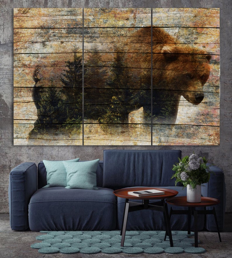 Bear Canvas Wall Art Wild Animal Multi Panel Print Grizzly Bear Wall Print Wild Nature Modern Decor Wood Style Print for Living Room Decor image 2