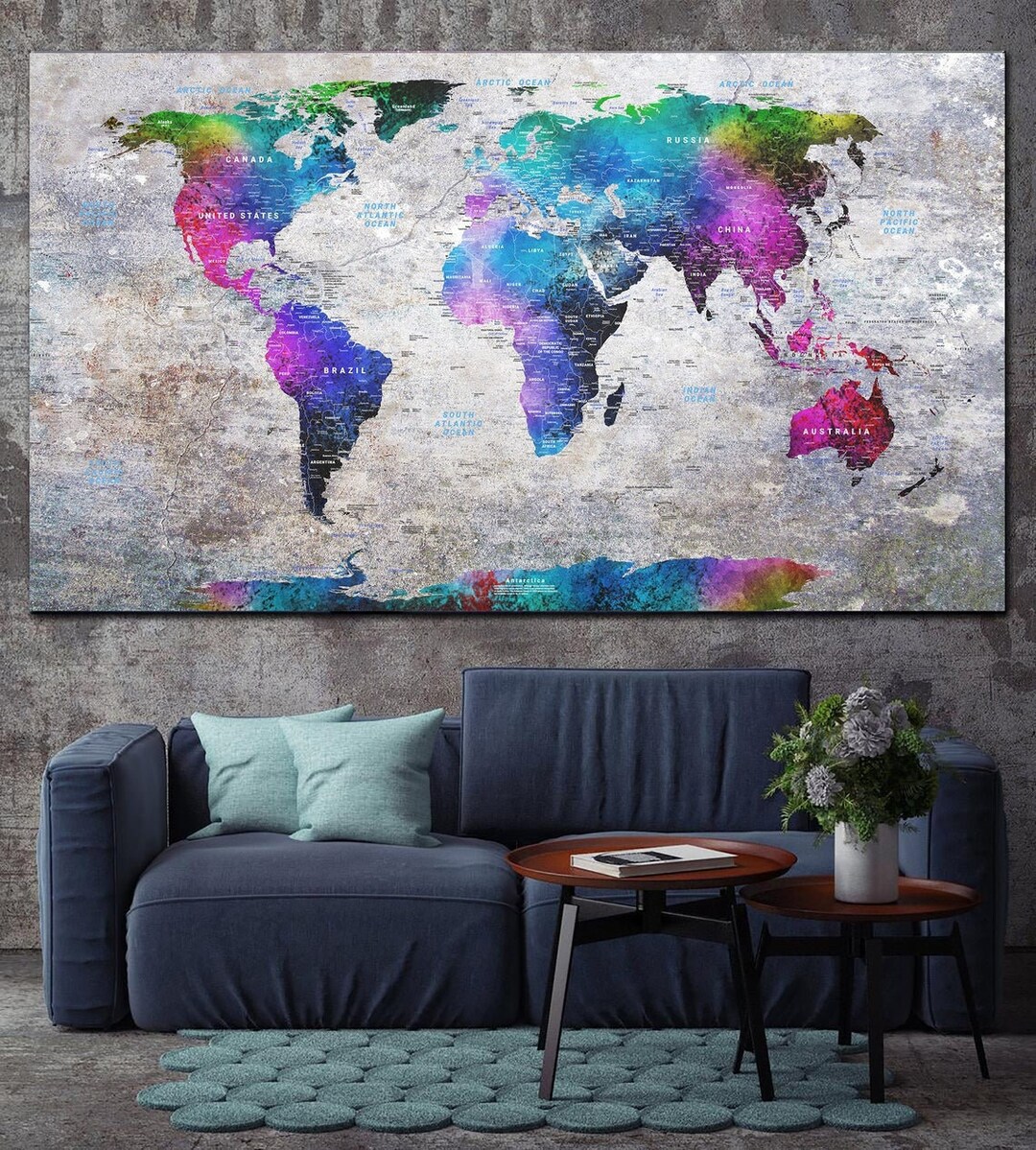Large World Map Print on Canvas Colorful World Map Wall Art - Etsy