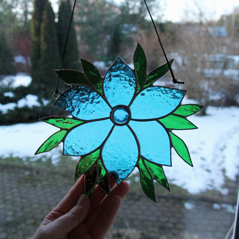 Stained Glass Suncatcher / Blue Flower Suncatcher / Gardening Etsy
