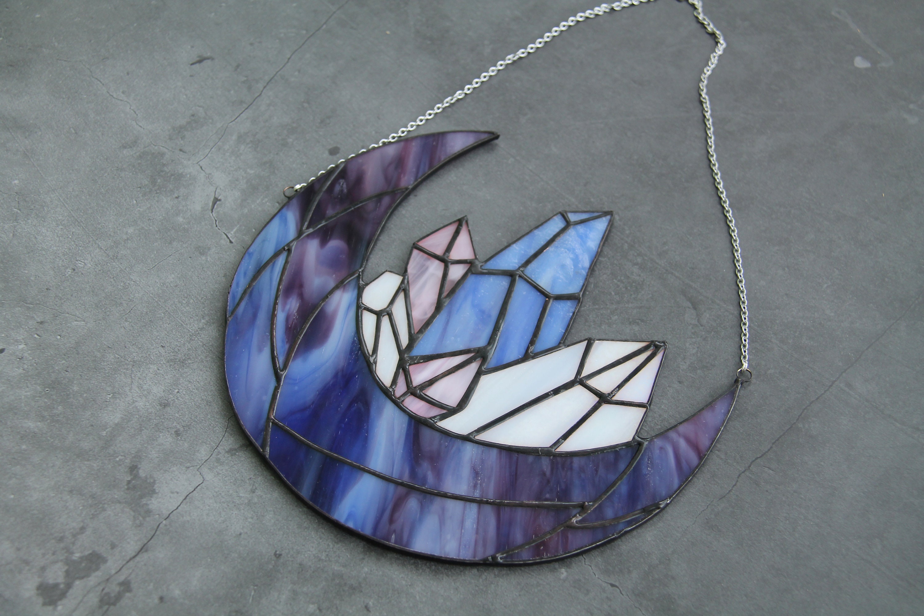Crescent moon and crystals stained glass suncatcher / Etsy