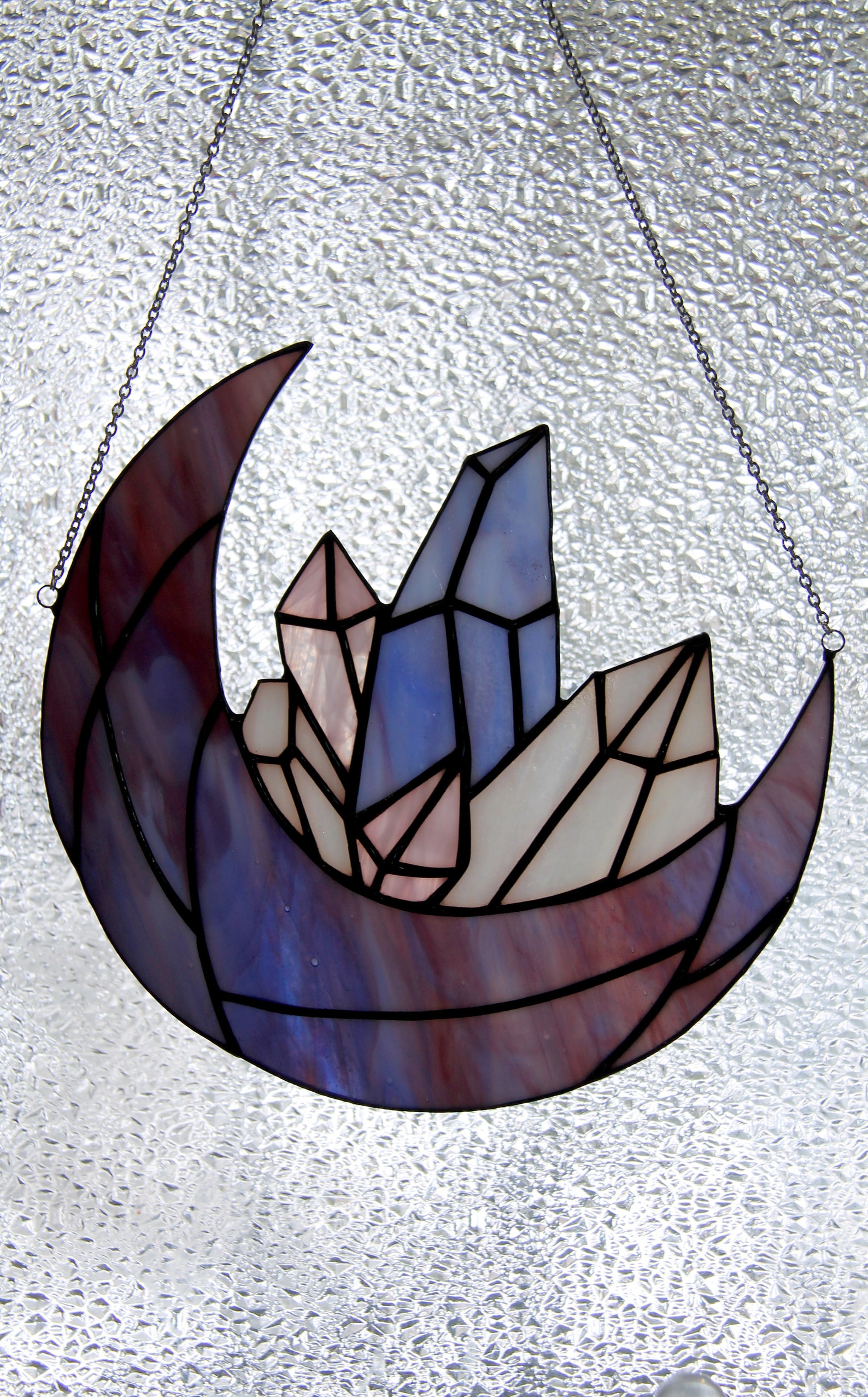 Crescent moon and crystals stained glass suncatcher / Etsy