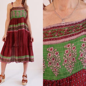 Abito vintage in garza di cotone con stampa a blocchi, fatto a mano, stile hippie indiano