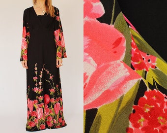 Vintage 1960s Black Floral Maxi Dress with Bell Sleeves, Size S-M