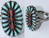 Native American Navajo handgemaakte turquoise koraal cluster sterling zilveren ring