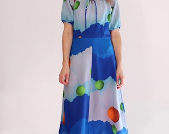 1970s Fair Lady Psychedelic Print Dress, Puff Sleeves, Neon Green Orange XXS-XS