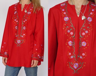 Rode vintage sixties geborduurde floral hippie tuniek
