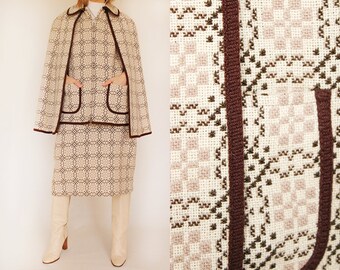 Vintage 1960s sixties trois piece co ord wool set skirt vest cape