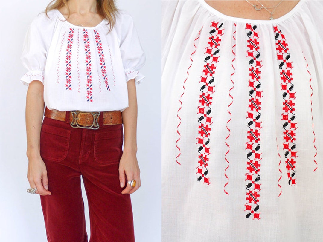 Vintage 70s Folklore Geborduurde Tuniek Farmers Blouse Deastock Etsy UK