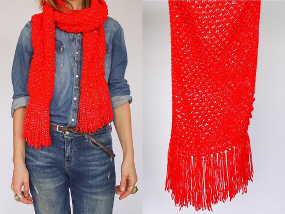 Vintage Hand gemaake Crochet Rood & Zilver Metalli