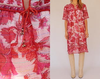 Vintage 1970s Indian Cotton Gauze Dress, Red Floral Lurex Hippie Dress, Deadstock XS-S