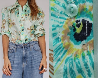 Vintage 1960s Floral Mod Blouse, Mint Green Psychedelic Shirt with Pointed Collar. Size XS
