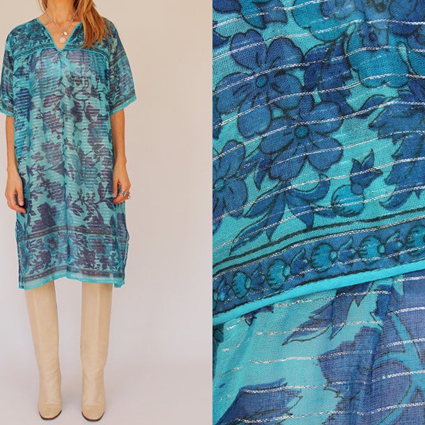 1970s Vintage Deadstock gauze cotton Metallic thread Indiase hippie jurk