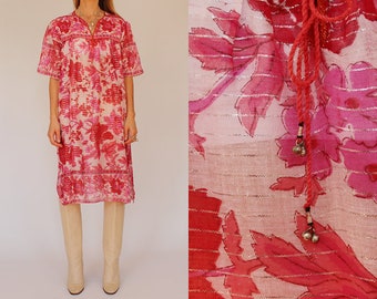 Vintage 1970s Gauze Cotton Metallic Indiase hippie jurk Deadstock