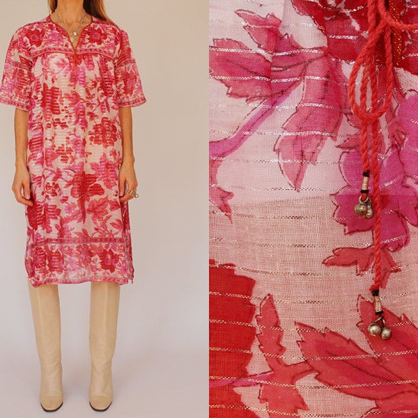 Vintage 1970s Gauze Cotton Metallic Indiase hippie jurk Deadstock