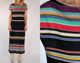 Vestido de punto vintage de los años 70 con rayas arcoíris, vestido suéter negro multicolor de manga corta, talla XS