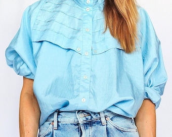 Vintage 80s secretary blouse baby blue. Size S-M-L