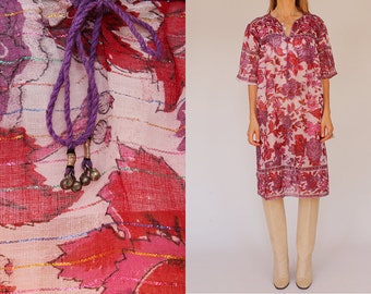 Vintage Indiase Gaze Baumwolle Metallic Hippie jurk