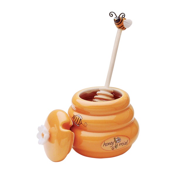 Cute Mini Honey Pot and Honey Dipper with Bee on the Dipper - Honey Jar