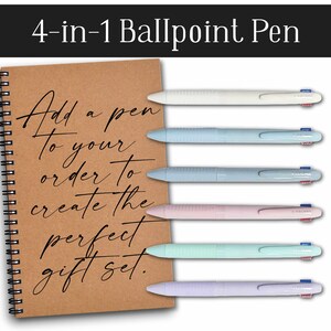May include: Set of six 4-in-1 ballpoint pens in pastel colours. The pens are arranged in a row from top to bottom, with the white pen at the top and the lavender pen at the bottom. The pens have a textured grip and a clear barrel. Each pen has a blue, red, and black ink cartridge.