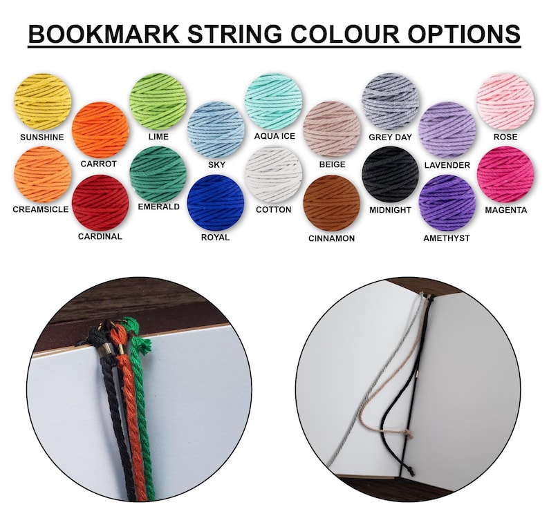 Puede incluir: Imagen que muestra una variedad de opciones de color de cuerdas para marcap&aacute;ginas. El texto "BOOKMARK STRING COLOUR OPTIONS" est&aacute; en la parte superior. Hay 18 opciones de color, incluyendo Sunshine, Carrot, Lime, Sky, Aqua Ice, Beige, Grey Day, Lavender y Rose. La imagen tambi&eacute;n muestra ejemplos de marcap&aacute;ginas.